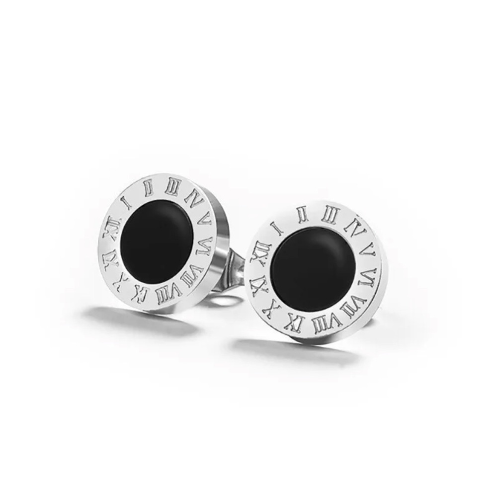 Silver Round Black Crystal Anti Allergic Stainless Steel Earrings
